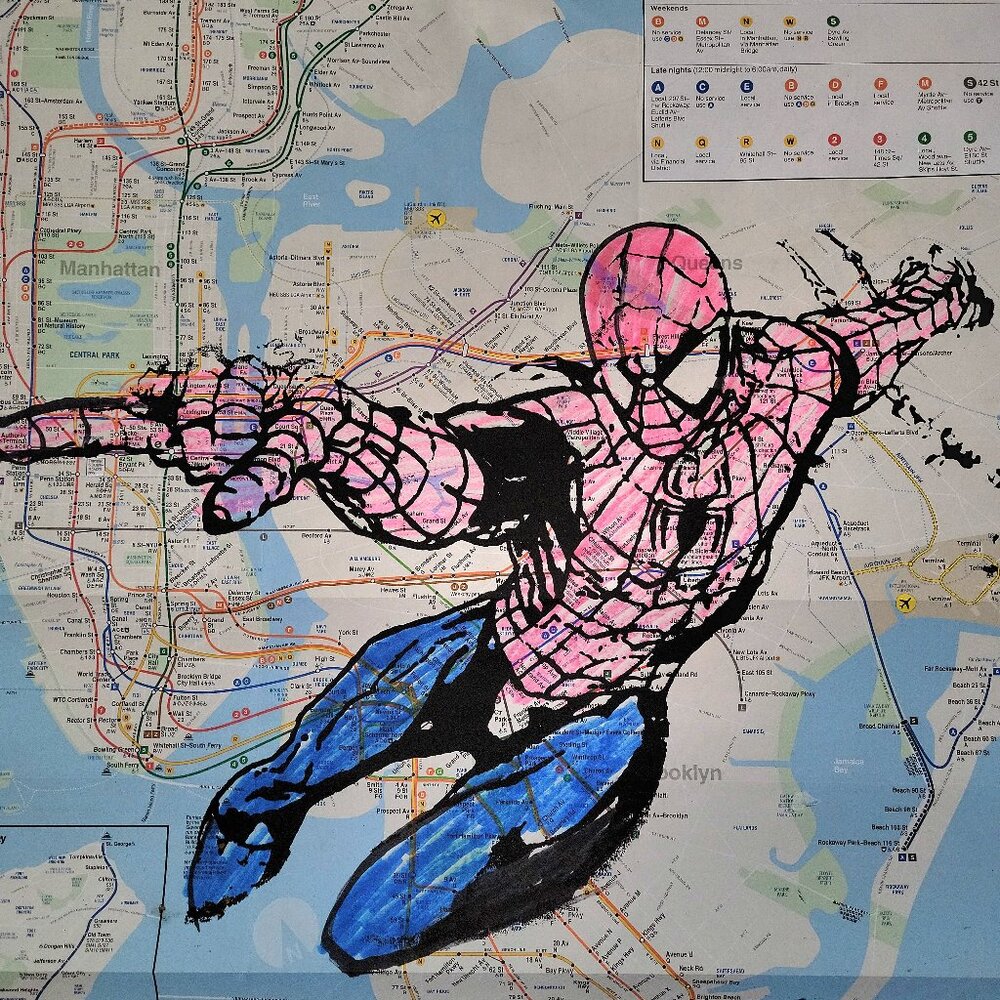 🗽Handpainted Spiderman Acrylic Pop Art Painting on NYC Subway map 🗽 - Picture 4 of 5